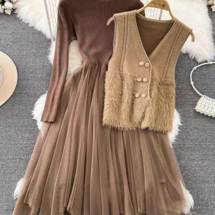 Abito midi da donna in due pezzi – Top a coste – Gonna svasata in tulle – Gilet senza maniche