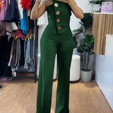 Tuta da donna – Monospalla – Taglio aderente – Pantaloni larghi e fluidi – Bottoni