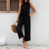 Completo pantalone e gilet da donna – Tessuto traspirante – Vestibilità ampia e fluida – Dettaglio arricciato