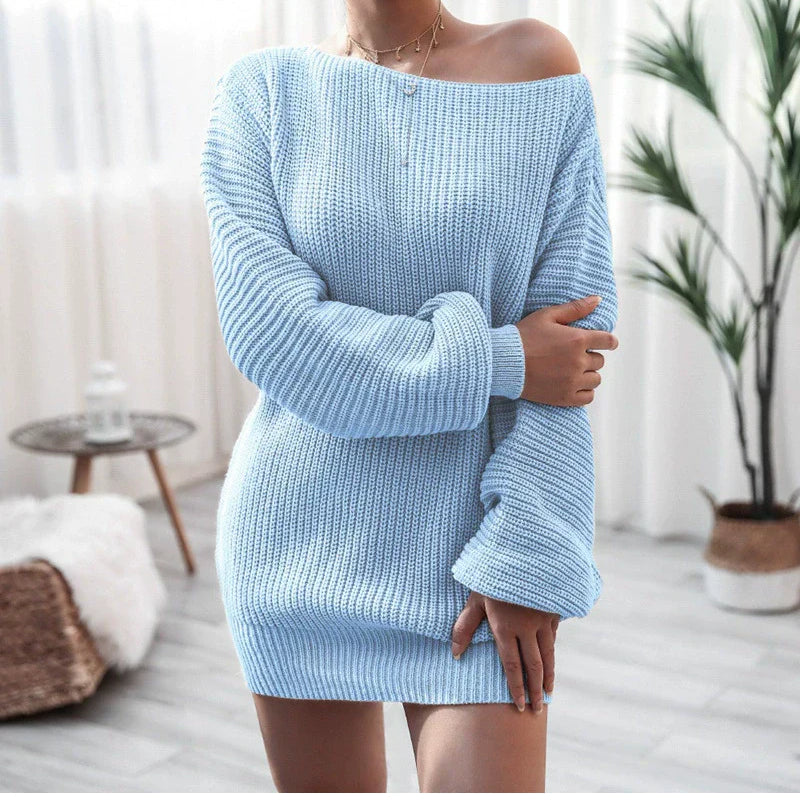 Abito in maglia da donna – Spalle scoperte – Maglia morbida – Maniche a sbuffo – Vestibilità ampia