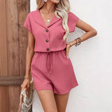 Pantaloncini da tuta da donna – Vestibilità comoda – Tessuto a coste – Scollo a V con bottoni – Vita regolabile