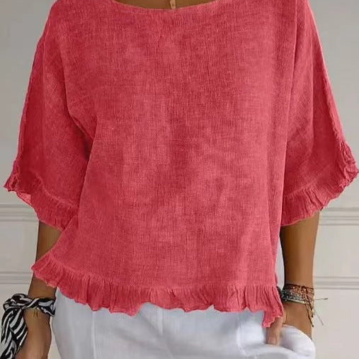 Camicetta da donna a maniche corte – Vestibilità fluida – Misto lino e cotone – Scollo rotondo – Rifiniture arricciate