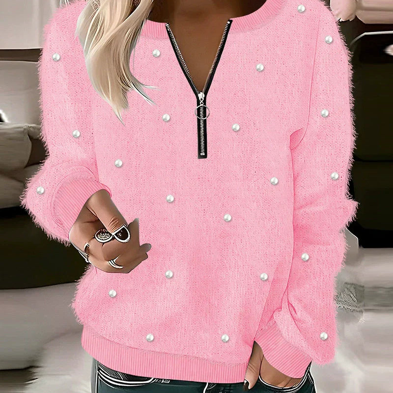 Felpa da donna - Maglia testurizzata - Vestibilità comoda - Collo con cerniera - Maniche lunghe