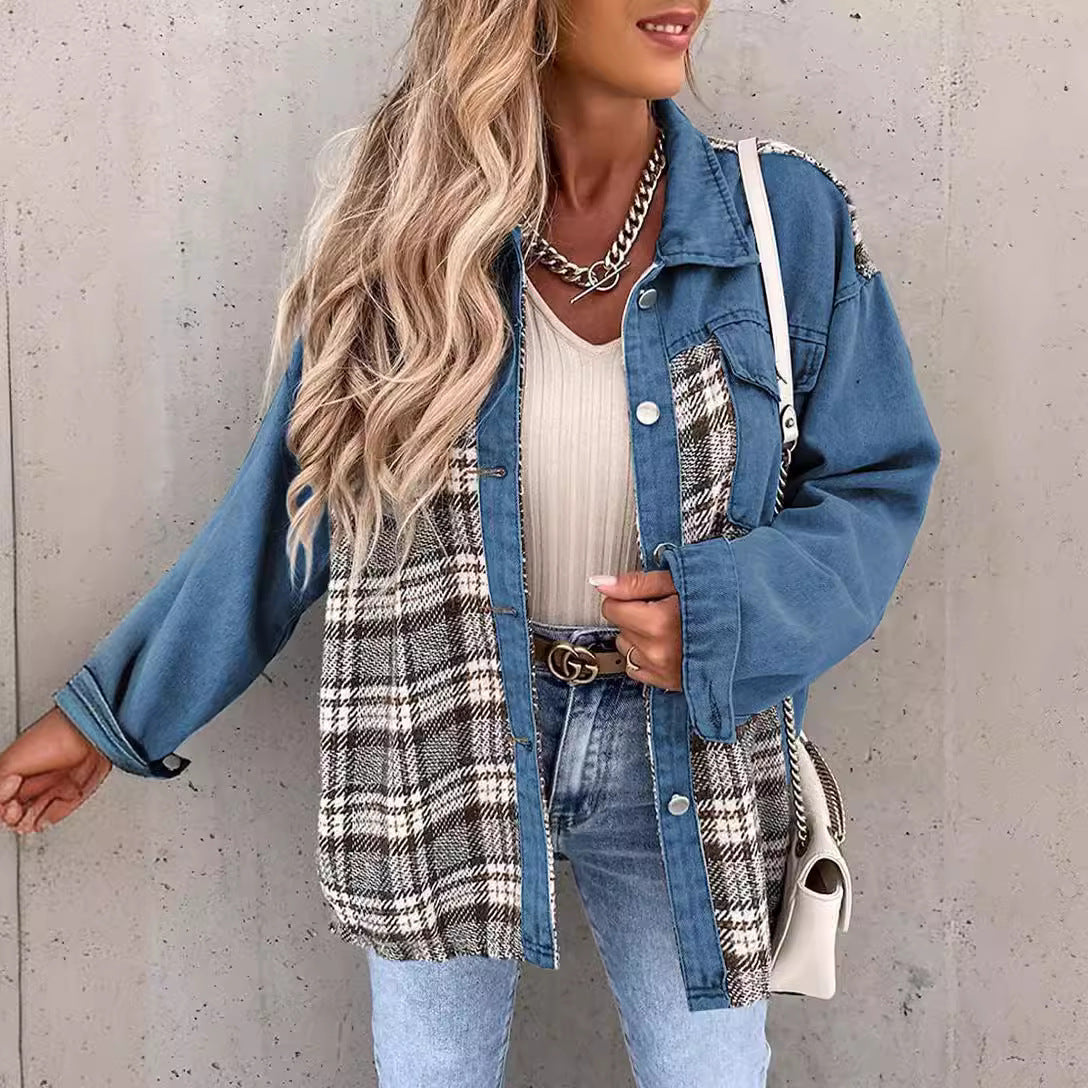 Giacca da donna – Vestibilità oversize – Pannelli in denim e quadri – Maniche lunghe