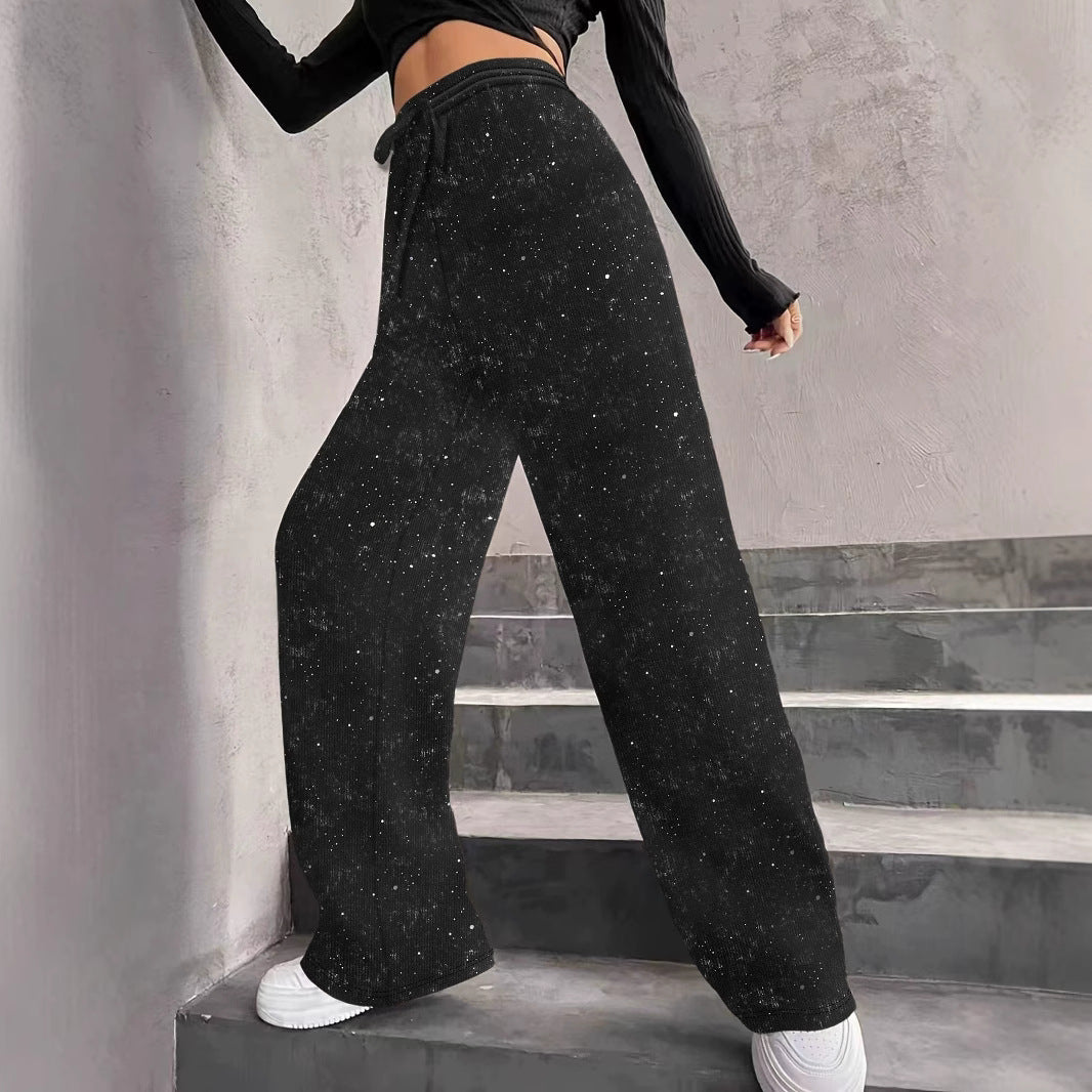 Pantaloni larghi da donna – Vita alta – Finitura con paillettes – Elastico in vita