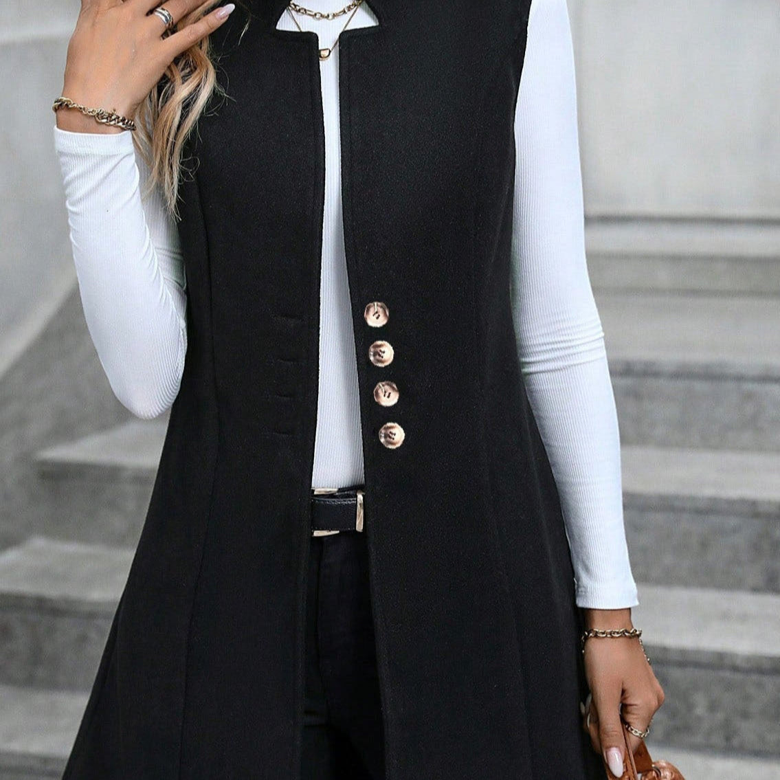 Gilet senza maniche da donna – Taglio aderente – Lana – Collo strutturato – Lunghezza al ginocchio