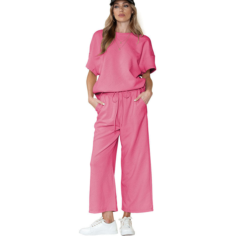 Completo casual da donna – Tessuto leggero testurizzato – Vestibilità ampia – Coulisse regolabile in vita