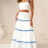 Completo due pezzi da donna – Top bustier aderente – Gonna lunga con volant – Tessuto leggero