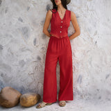 Completo da donna: gilet e pantaloni a gamba larga – taglio aderente – dettagli in pizzo – tessuto traspirante