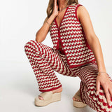 Completo da donna con gilet abbottonato e pantaloni a gamba larga – Maglia morbida – Vita elastica