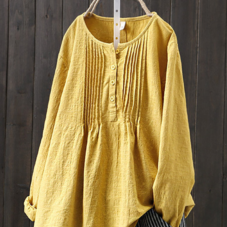 Blusa da donna - Chiusura frontale con bottoni e dettagli plissettati - Maniche lunghe - Vestibilità comoda