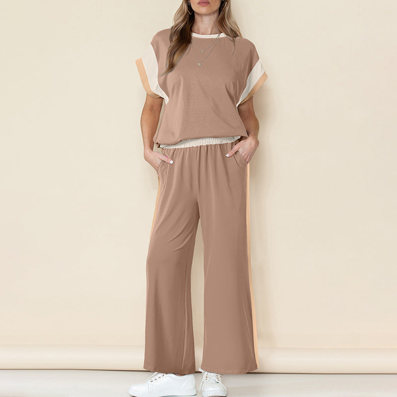 Completo da donna – Tessuto leggero – Top con maniche a 3/4 – Pantaloni svasati 7/8 – Dettagli a contrasto