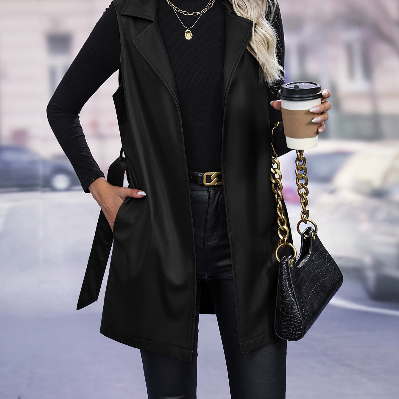 Giacca senza maniche da donna – Similpelle – Taglio aderente – Cintura regolabile