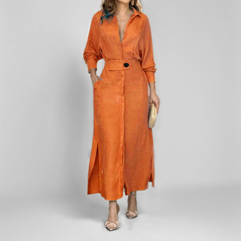 Abito camicia da donna – Lino – Taglio aderente – Scollo a V – Maniche lunghe – Orlo asimmetrico