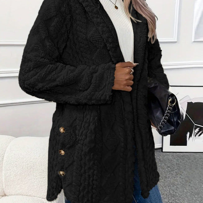 Gilet con cappuccio da donna – Vestibilità comoda e ampia – Bottoni sul davanti – Effetto pile