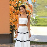 Completo due pezzi da donna – Top bustier aderente – Gonna lunga con volant – Tessuto leggero