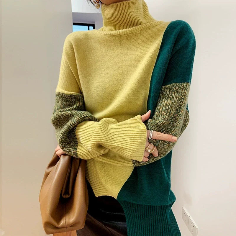 Maglione da donna – Vestibilità rilassata – Collo alto – Maglia morbida – Dettagli a coste