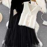 Abito midi da donna in due pezzi – Top a coste – Gonna svasata in tulle – Gilet senza maniche