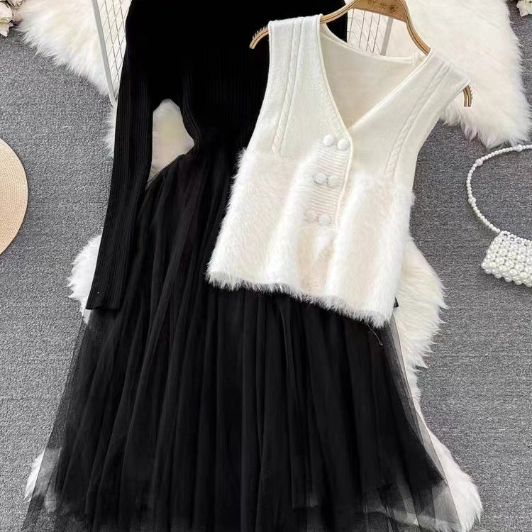 Abito midi da donna in due pezzi – Top a coste – Gonna svasata in tulle – Gilet senza maniche