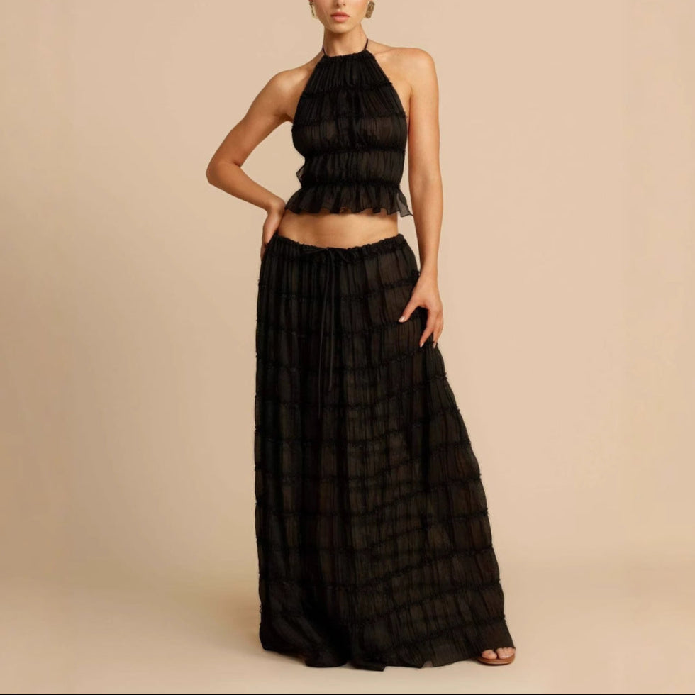 Completo da donna in due pezzi: top con arricciatura sul retro, gonna lunga con elastico in vita, tessuto traspirante