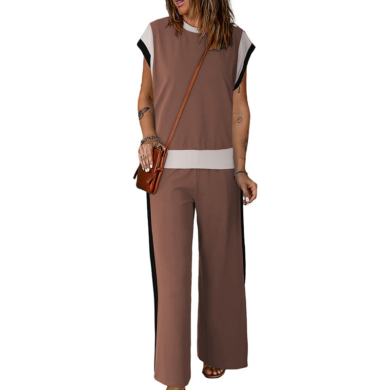 Completo da donna – Tessuto leggero – Top con maniche a 3/4 – Pantaloni svasati 7/8 – Dettagli a contrasto