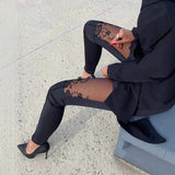 Pantaloni da donna - Tessuto elasticizzato - Vestibilità slim - Inserti in pizzo floreale - Vita alta