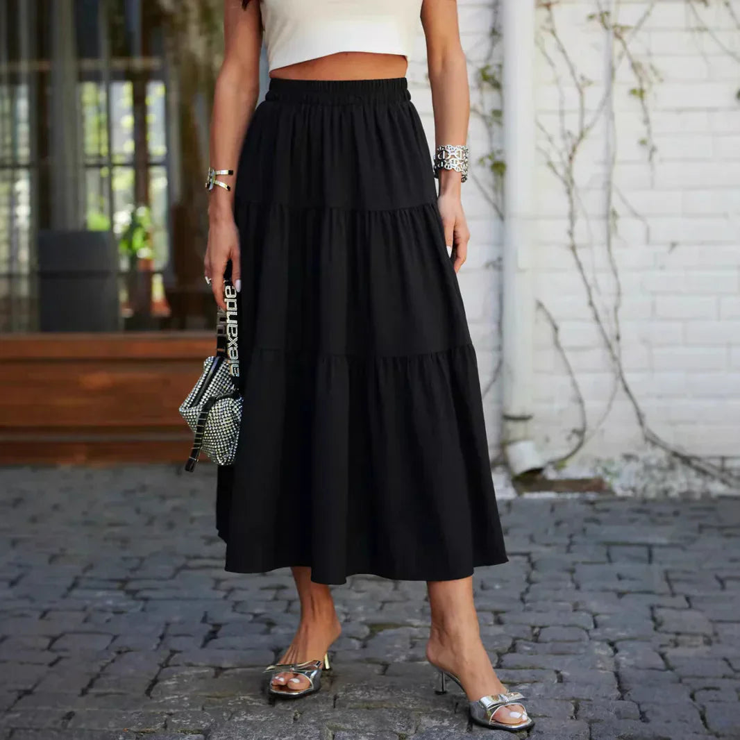 Gonna midi da donna – Taglio fluido – Vita elasticizzata – Stampa floreale – Volant