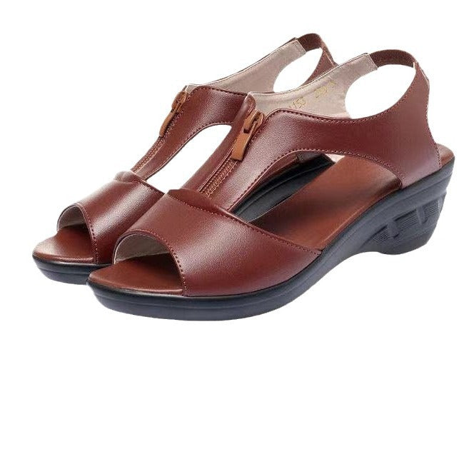 Sandali con zeppa da donna – Pelle sintetica traspirante – Punta aperta – Chiusura con cerniera