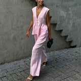 Completo due pezzi da donna – Top peplo senza maniche con scollo a V – Pantaloni lunghi e fluidi