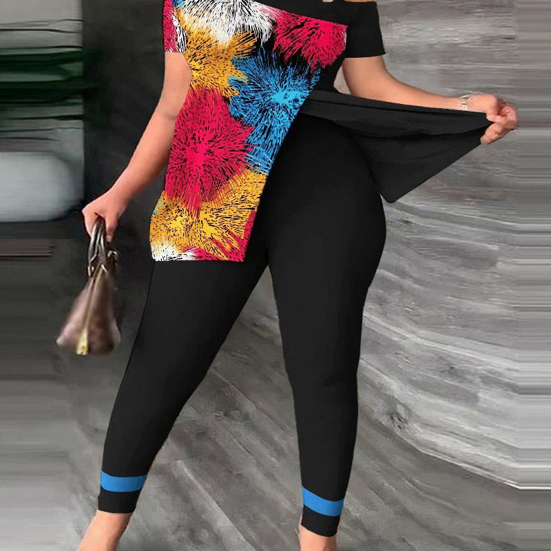 Completo da donna – Top rilassato con spalle scoperte – Pantaloni aderenti con fantasia – Tessuto leggero