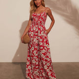 Tuta da donna – Vita smock – Stampa floreale – Spalline sottili – Gamba larga