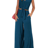 Completo due pezzi da donna: top corto con lacci anteriori, pantaloni larghi a vita alta