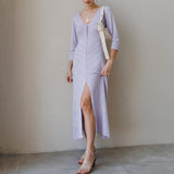 Abito lungo da donna – Maglia fine – Taglio aderente – Spacco alto – Scollo a V