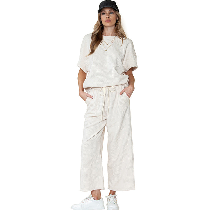 Completo casual da donna – Tessuto leggero testurizzato – Vestibilità ampia – Coulisse regolabile in vita