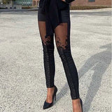 Pantaloni da donna - Tessuto elasticizzato - Vestibilità slim - Inserti in pizzo floreale - Vita alta