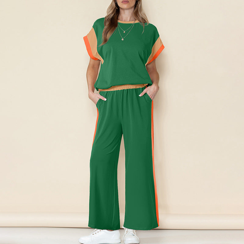 Completo da donna – Tessuto leggero – Top con maniche a 3/4 – Pantaloni svasati 7/8 – Dettagli a contrasto