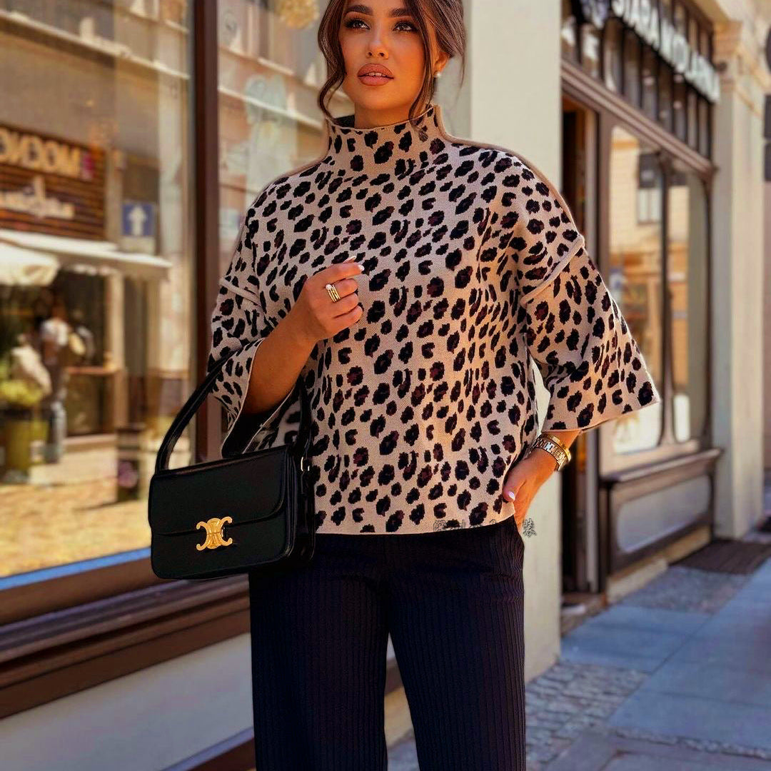 Maglione da donna – Maglia morbida – Vestibilità rilassata – Collo alto – Stampa leopardata – Maniche a 3/4