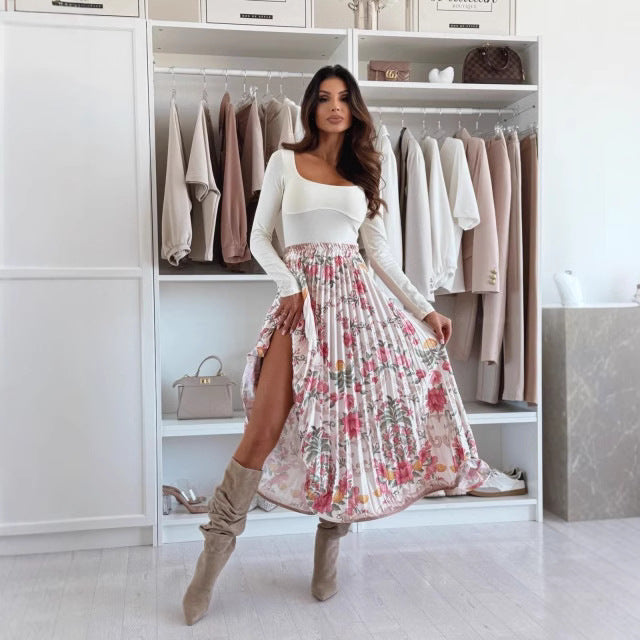 Gonna midi da donna – Vita alta – Taglio svasato plissettato – Spacco laterale – Stampa audace