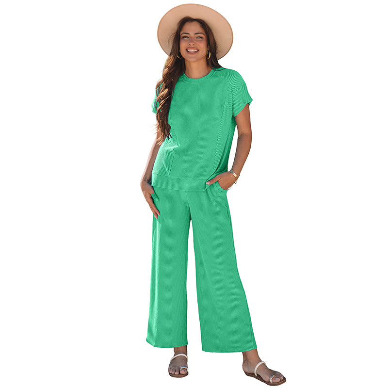 Completo due pezzi da donna – Maglia a coste – Maglia a maniche corte – Pantaloni a gamba larga