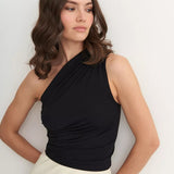 Top corto da donna – Monospalla – Vestibilità slim – Cotone elasticizzato arricciato