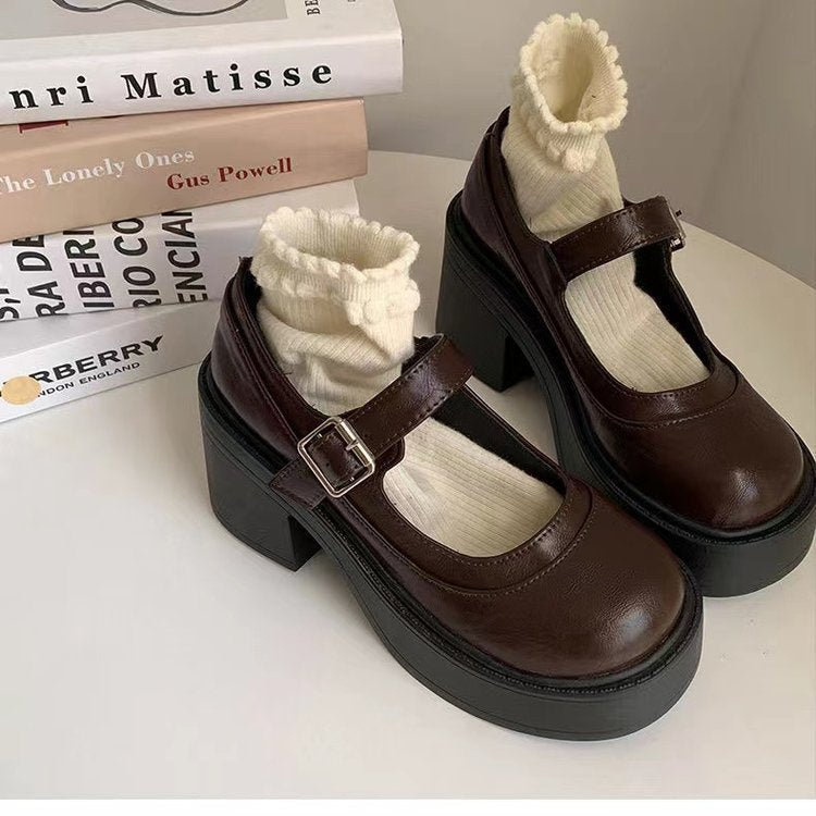 Scarpe con plateau da donna – Pelle sintetica – Tacco a blocco – Punta arrotondata retrò