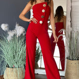 Tuta da donna – Monospalla – Taglio aderente – Pantaloni larghi e fluidi – Bottoni