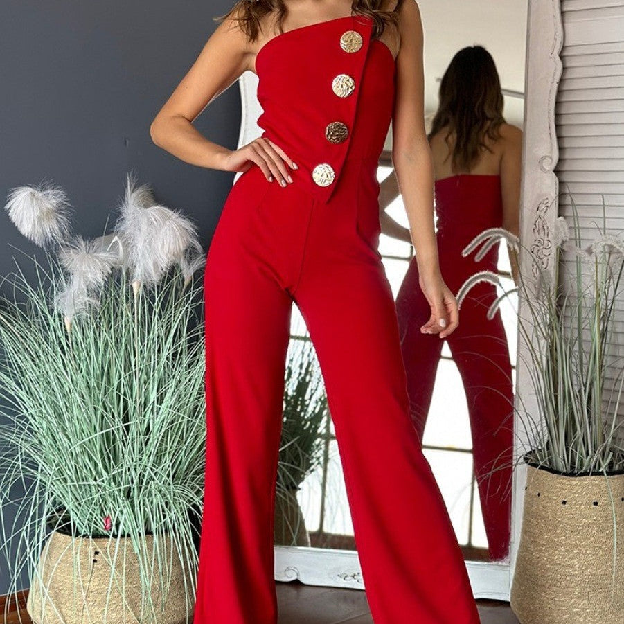 Tuta da donna – Monospalla – Taglio aderente – Pantaloni larghi e fluidi – Bottoni