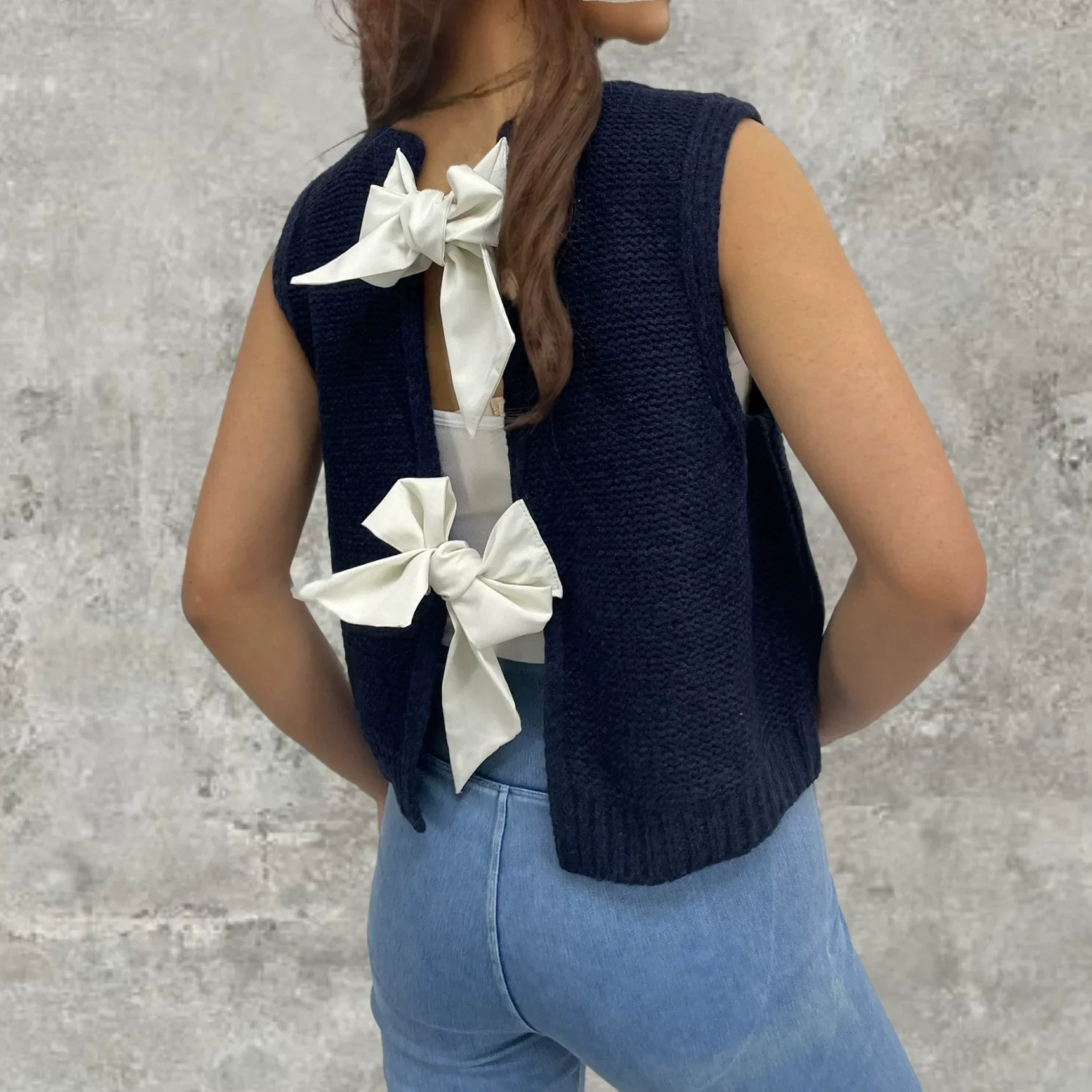 Cardigan gilet da donna – Maglia di lana – Vestibilità comoda – Senza maniche con laccio posteriore