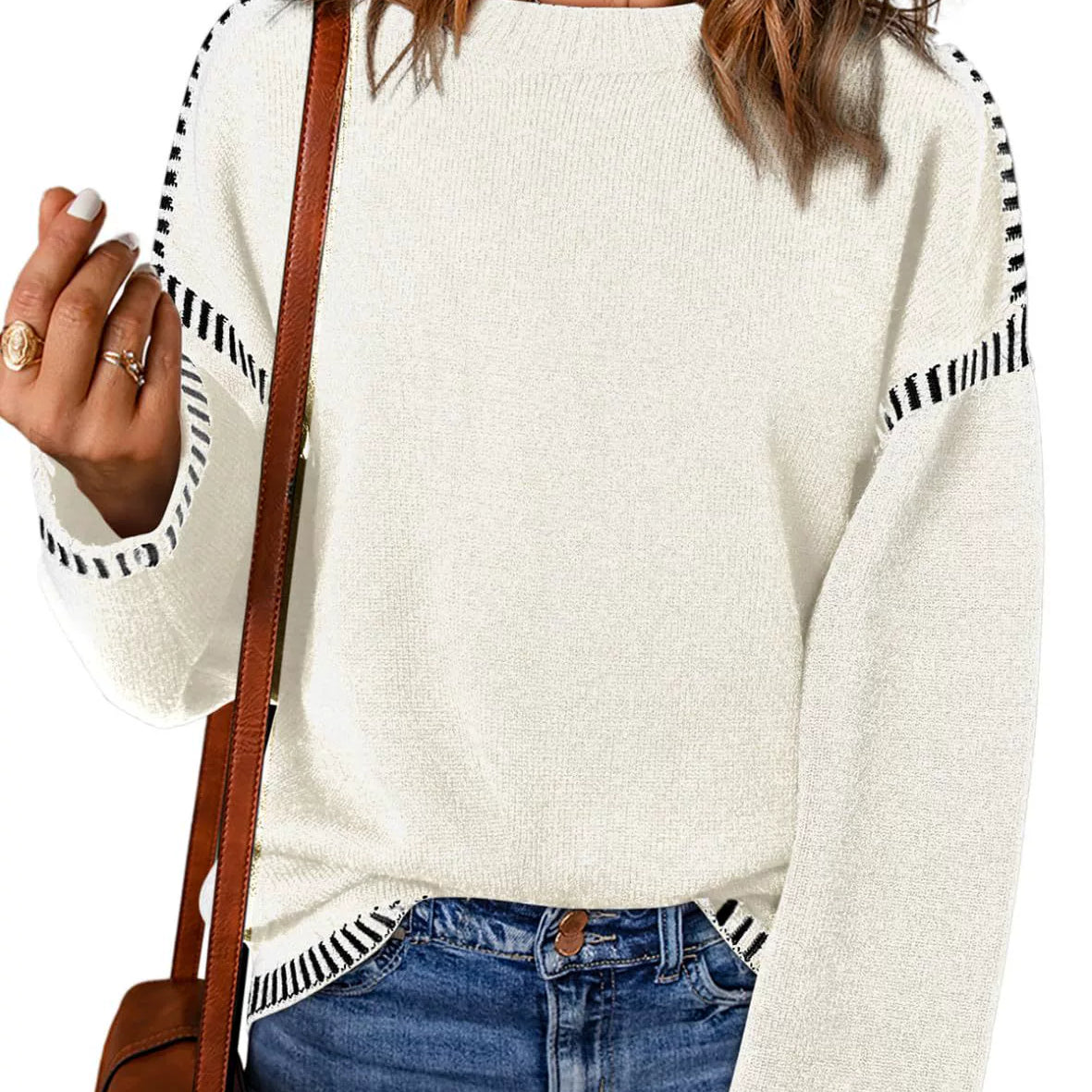 Maglione da donna – Vestibilità rilassata – Maglia a trecce – Scollo rotondo – Maniche lunghe a righe