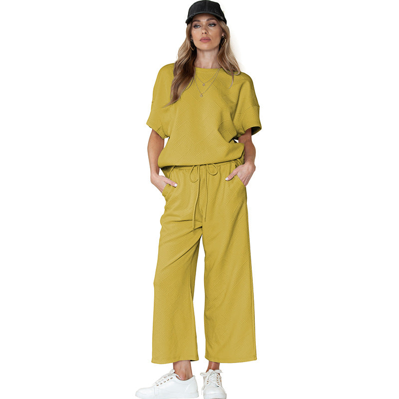 Completo casual da donna – Tessuto leggero testurizzato – Vestibilità ampia – Coulisse regolabile in vita