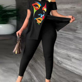 Completo da donna – Top rilassato con spalle scoperte – Pantaloni aderenti con fantasia – Tessuto leggero