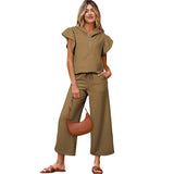 Completo casual da donna – Top con collo a volant e cerniera – Pantaloni larghi con coulisse