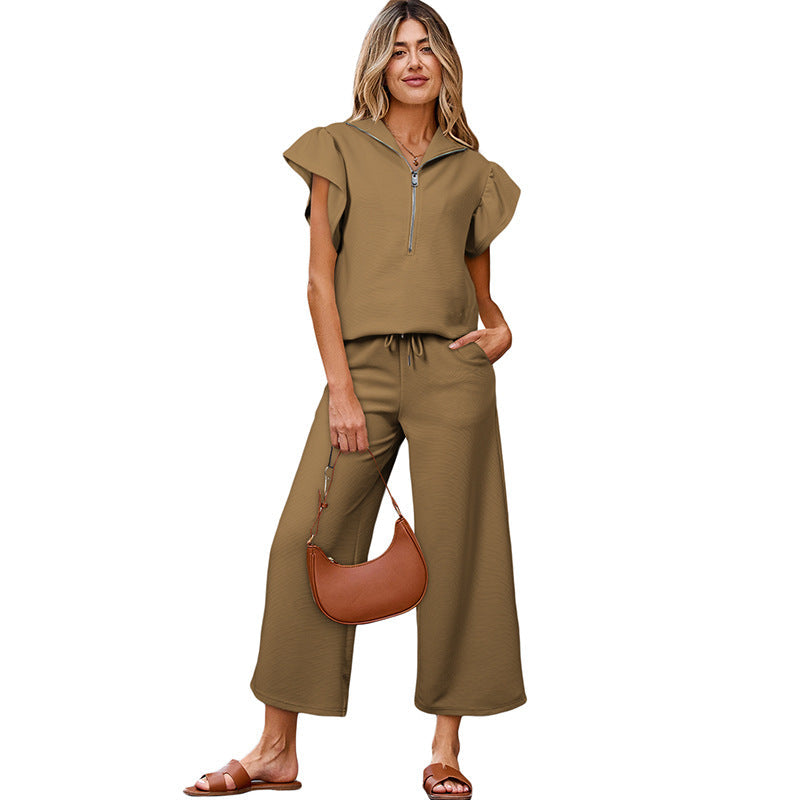 Completo casual da donna – Top con collo a volant e cerniera – Pantaloni larghi con coulisse