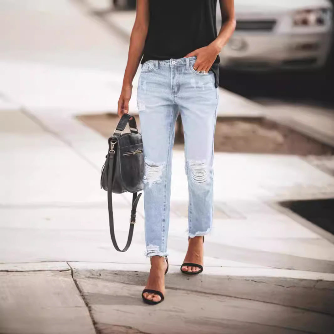 Jeans da donna – Taglio dritto e rilassato – Effetto consumato – Orlo sfrangiato